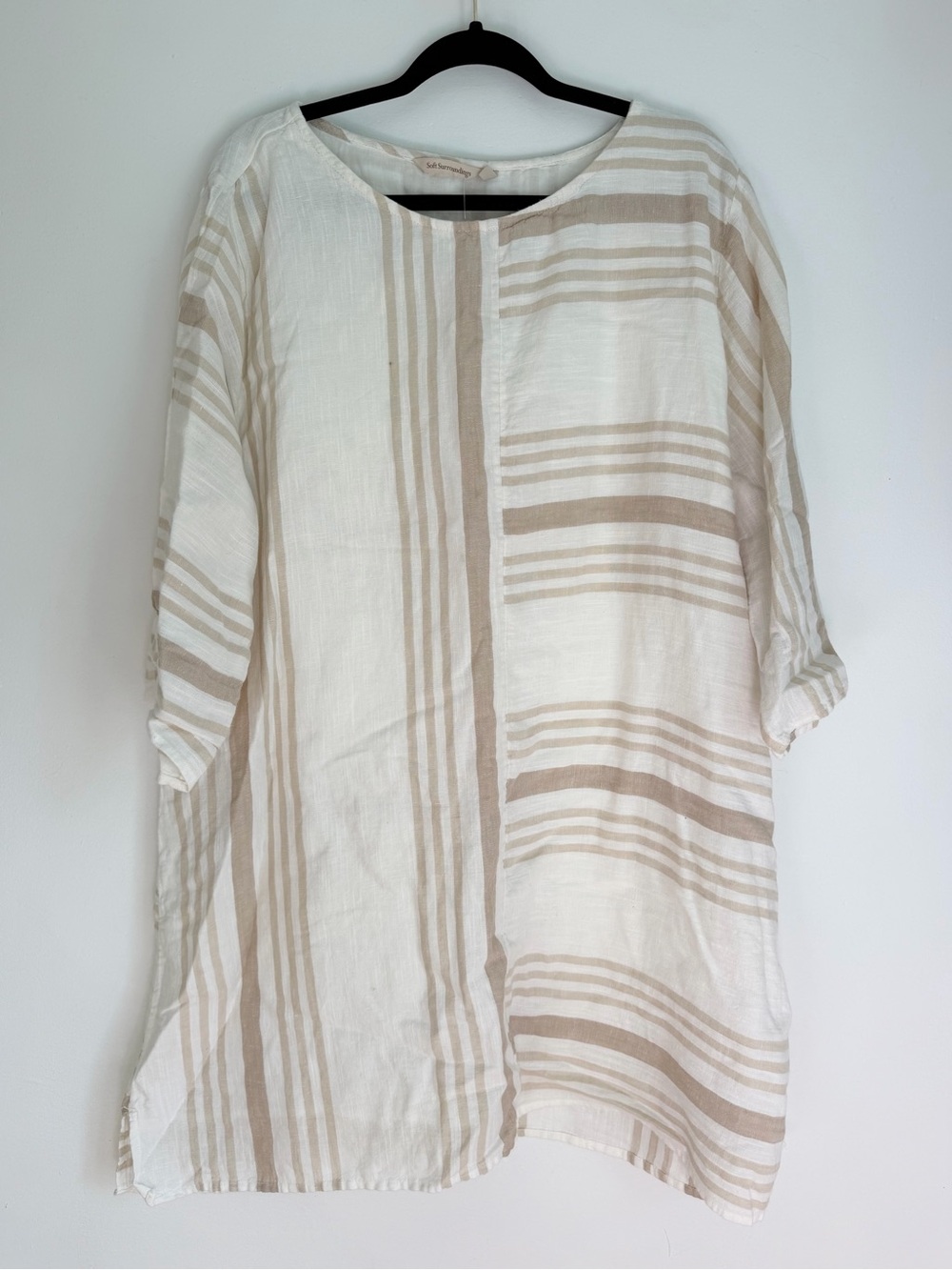 Soft Surroundings Cream and Tan Striped Linen Tunic Dress